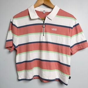 Vans‎ Striped Polo Shirt Crop Top Half Zip Casual Tee XS 100% Cotton